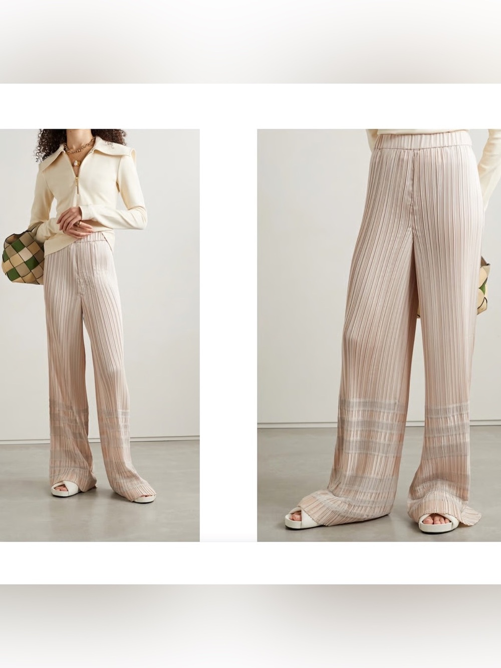 Pleated Wide-Leg Pants in Light Beige